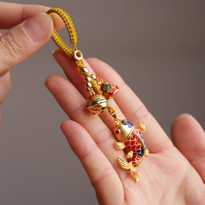 Porte-clés porte-bonheur en forme de cloche creuse en forme de poisson koï coloré en pierres de Bouddha