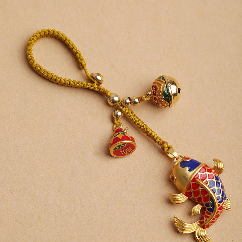 Porte-clés porte-bonheur en forme de cloche creuse en forme de poisson koï coloré en pierres de Bouddha