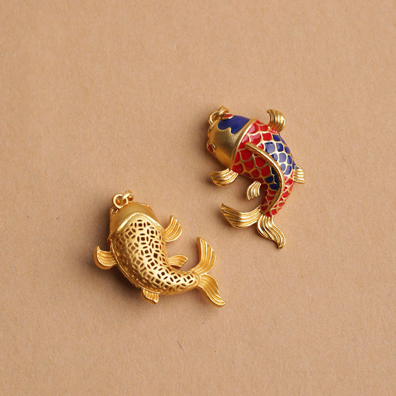 Porte-clés porte-bonheur en forme de cloche creuse en forme de poisson koï coloré en pierres de Bouddha