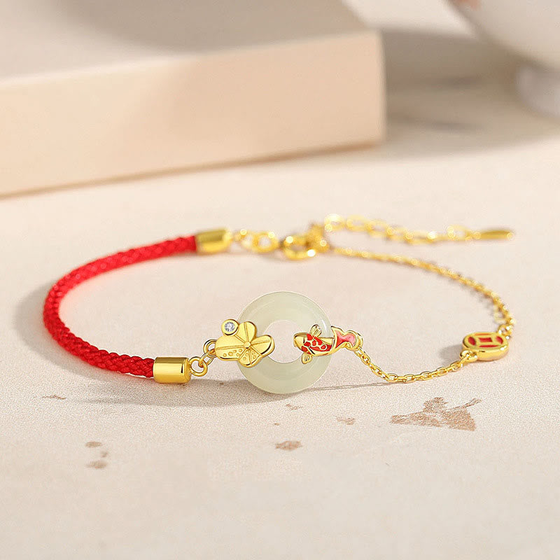 Buddha Stones Handmade 925 Sterling Silver Hetian Jade Chinese Goldfish Peace Buckle Red Rope Bracelet