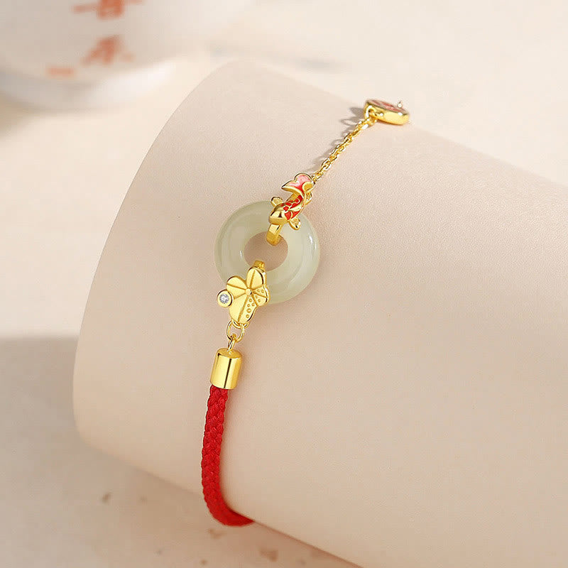 Buddha Stones Handmade 925 Sterling Silver Hetian Jade Chinese Goldfish Peace Buckle Red Rope Bracelet