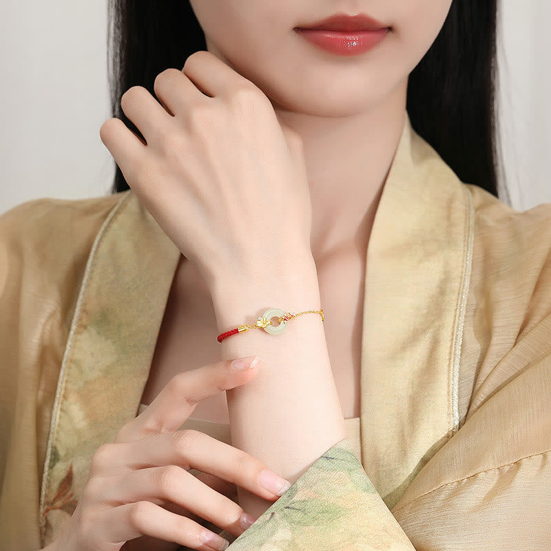 Buddha Stones Handmade 925 Sterling Silver Hetian Jade Chinese Goldfish Peace Buckle Red Rope Bracelet
