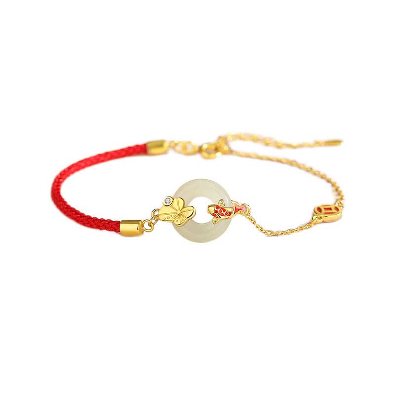 Buddha Stones Handmade 925 Sterling Silver Hetian Jade Chinese Goldfish Peace Buckle Red Rope Bracelet