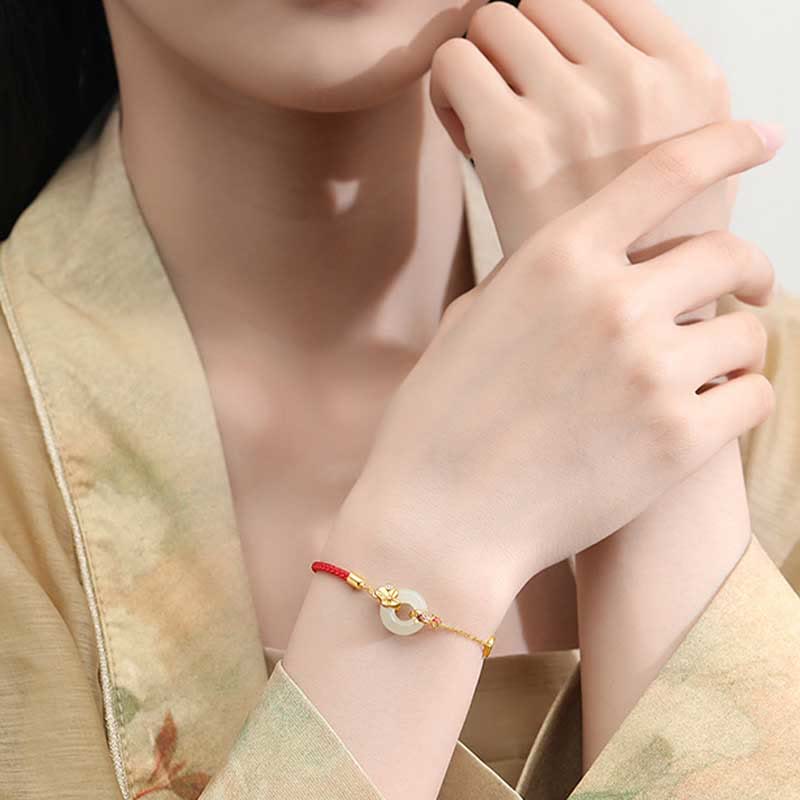 Buddha Stones Handmade 925 Sterling Silver Hetian Jade Chinese Goldfish Peace Buckle Red Rope Bracelet