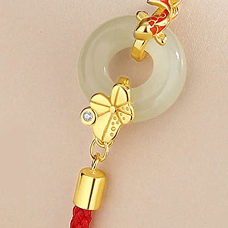 Buddha Stones Handmade 925 Sterling Silver Hetian Jade Chinese Goldfish Peace Buckle Red Rope Bracelet