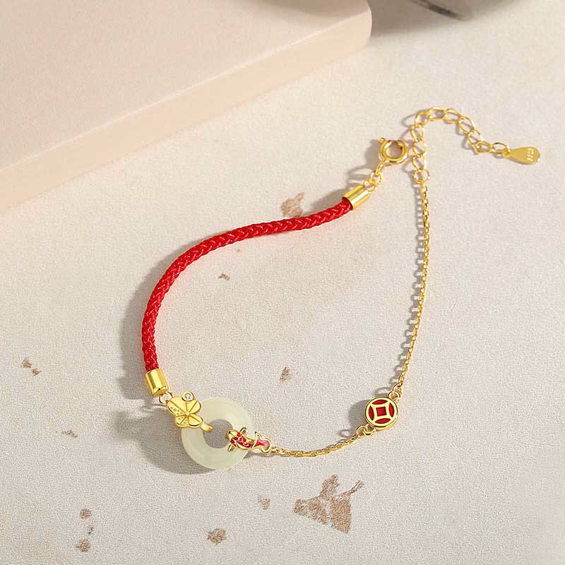 Buddha Stones Handmade 925 Sterling Silver Hetian Jade Chinese Goldfish Peace Buckle Red Rope Bracelet