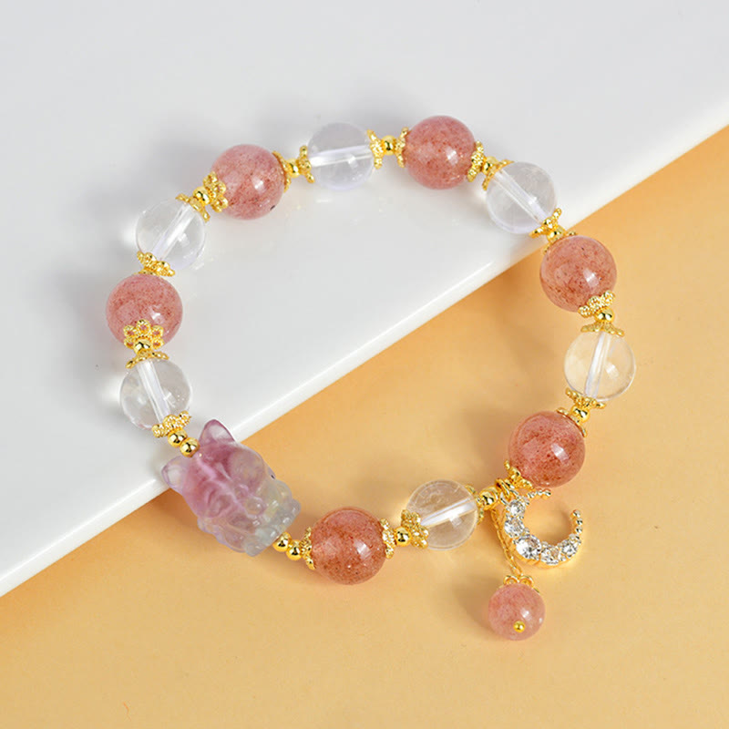 Buddha Stones Natural White Strawberry Quartz Crystal Healing Love Nine-tailed Fox Moon Pendant Bracelet