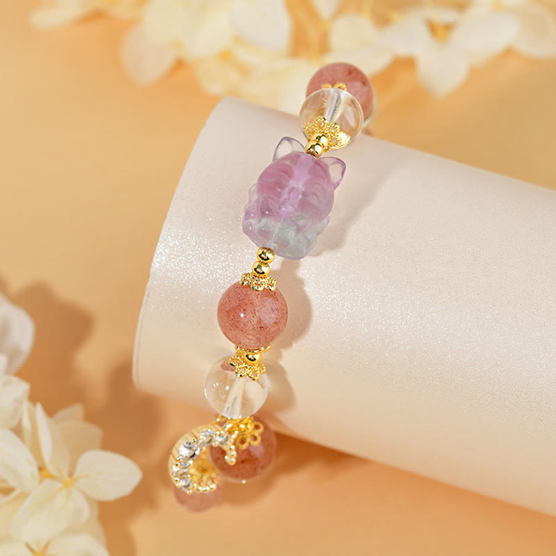 Buddha Stones Natural White Strawberry Quartz Crystal Healing Love Nine-tailed Fox Moon Pendant Bracelet