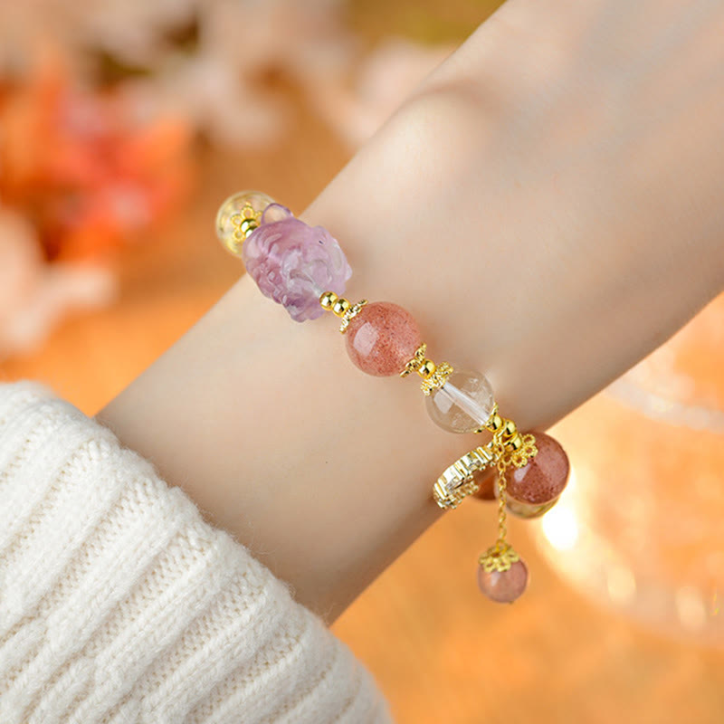 Buddha Stones Natural White Strawberry Quartz Crystal Healing Love Nine-tailed Fox Moon Pendant Bracelet