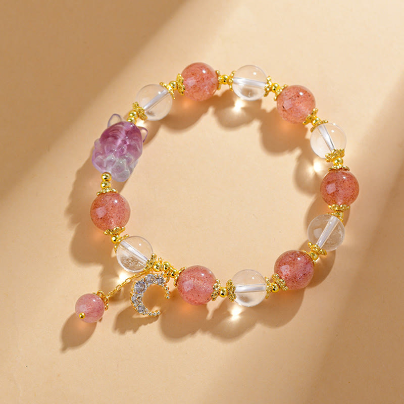 Buddha Stones Natural White Strawberry Quartz Crystal Healing Love Nine-tailed Fox Moon Pendant Bracelet