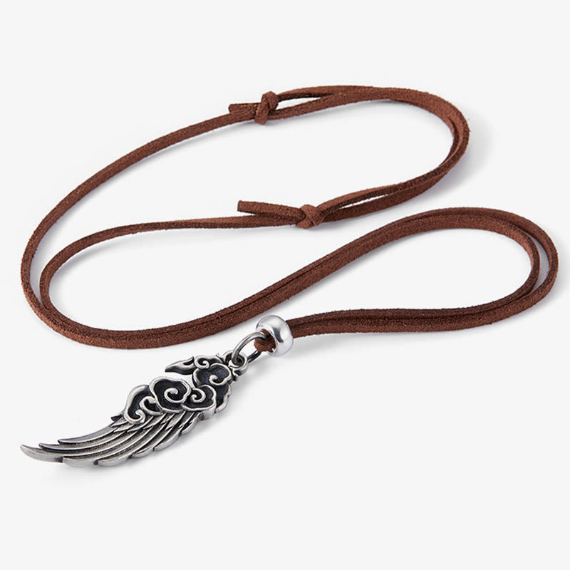 Buddha Stones 925 Sterling Silver Auspicious Clouds Wing Cotton Rope Deerskin Rope Necklace Pendant
