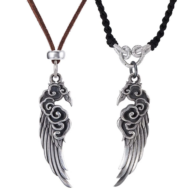 Buddha Stones 925 Sterling Silver Auspicious Clouds Wing Cotton Rope Deerskin Rope Necklace Pendant