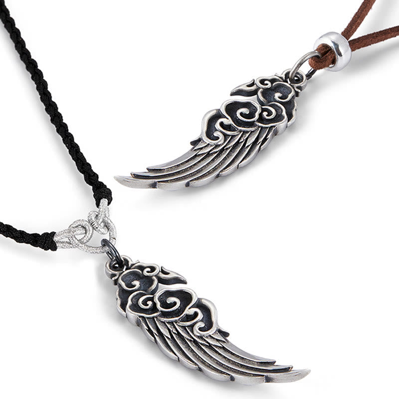 Buddha Stones 925 Sterling Silver Auspicious Clouds Wing Cotton Rope Deerskin Rope Necklace Pendant