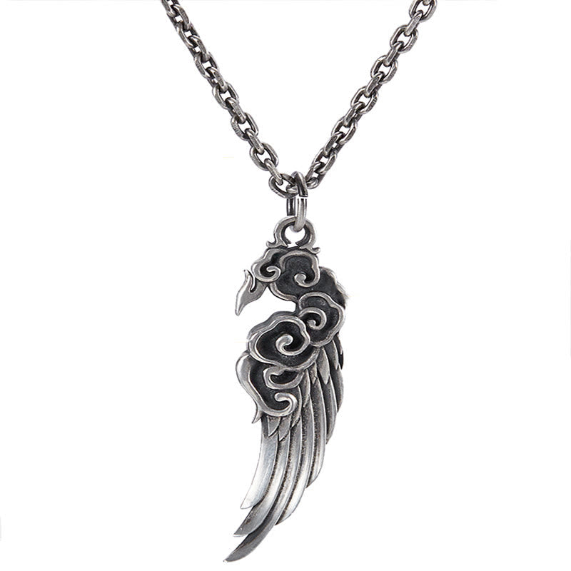 Buddha Stones 925 Sterling Silver Auspicious Clouds Wing Cotton Rope Deerskin Rope Necklace Pendant
