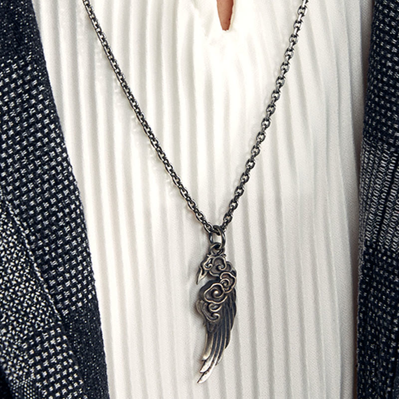 Buddha Stones 925 Sterling Silver Auspicious Clouds Wing Cotton Rope Deerskin Rope Necklace Pendant