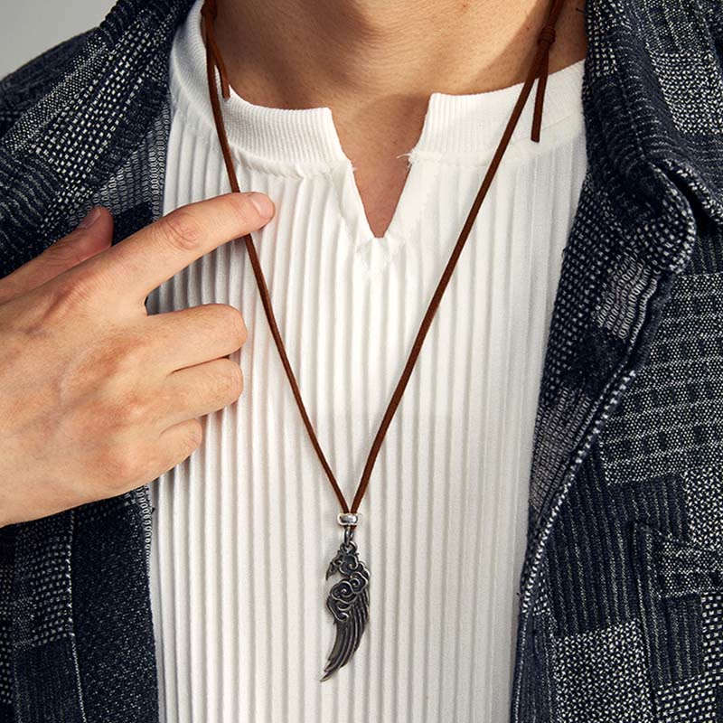 Buddha Stones 925 Sterling Silver Auspicious Clouds Wing Cotton Rope Deerskin Rope Necklace Pendant