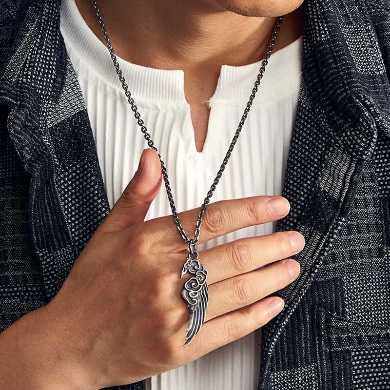 Buddha Stones 925 Sterling Silver Auspicious Clouds Wing Cotton Rope Deerskin Rope Necklace Pendant