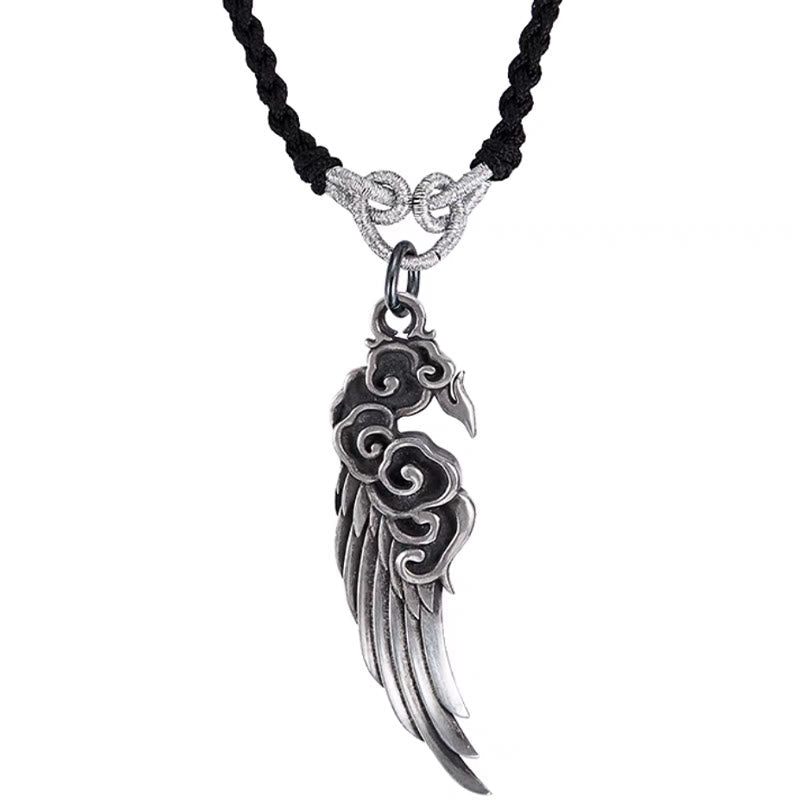 Buddha Stones 925 Sterling Silver Auspicious Clouds Wing Cotton Rope Deerskin Rope Necklace Pendant