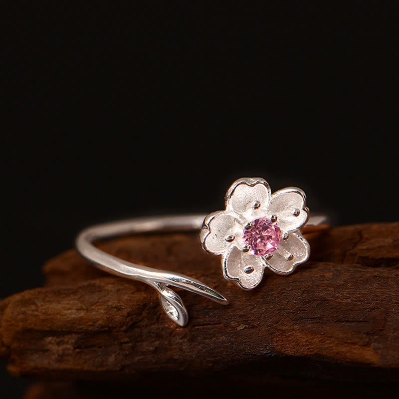 Bague ajustable en argent sterling 925 avec pierres de Bouddha et fleurs de cerisier Sakura