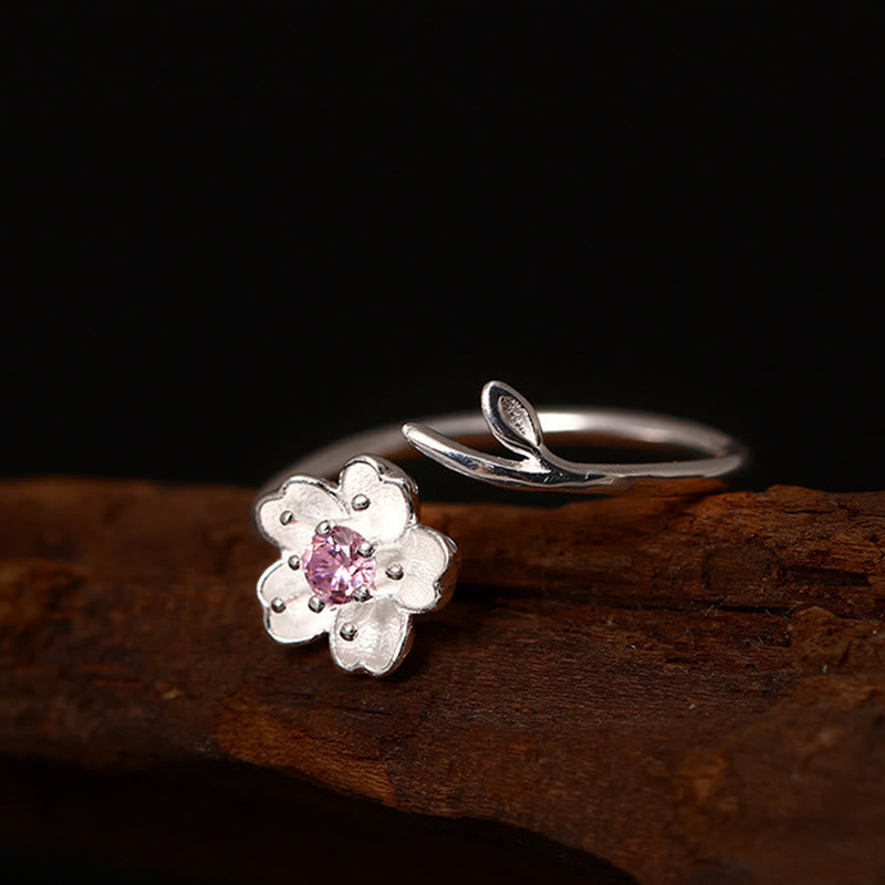 Bague ajustable en argent sterling 925 avec pierres de Bouddha et fleurs de cerisier Sakura
