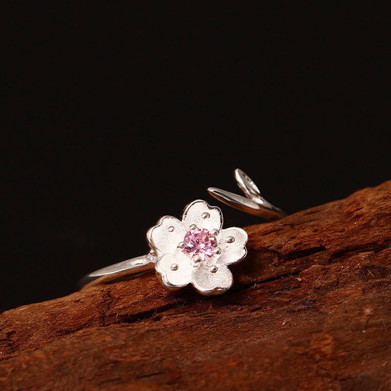Bague ajustable en argent sterling 925 avec pierres de Bouddha et fleurs de cerisier Sakura