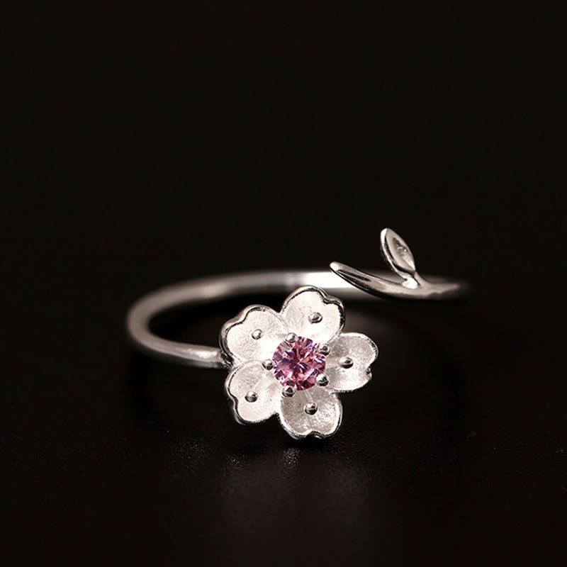 Bague ajustable en argent sterling 925 avec pierres de Bouddha et fleurs de cerisier Sakura