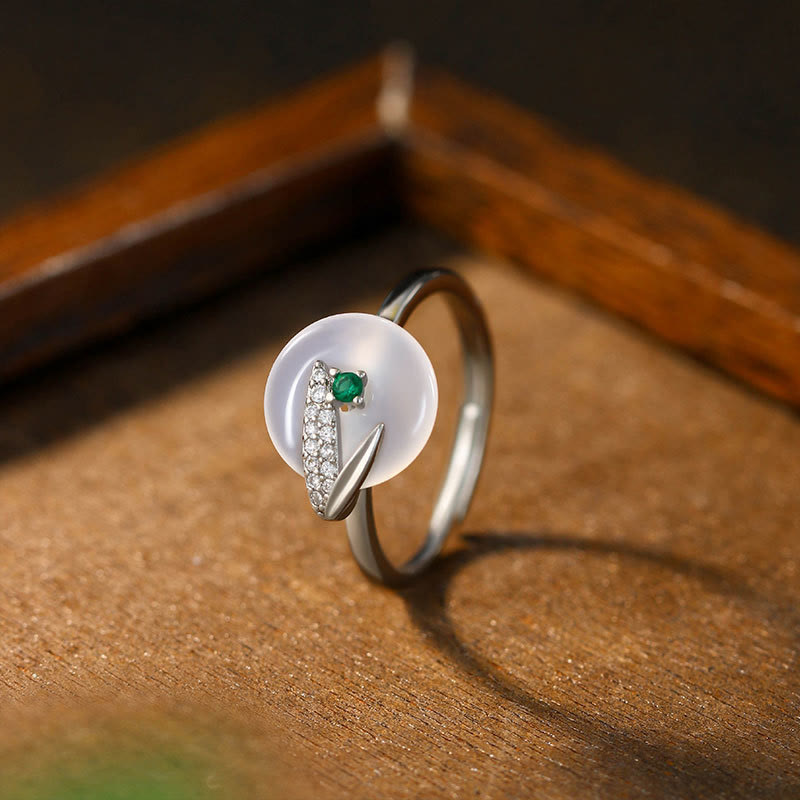 Buddha Stones Chalcedon Bambusblattmuster Positiv Verstellbarer Ring