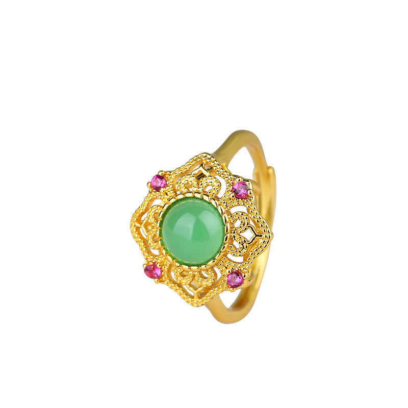 Bague réglable en calcédoine verte à motif creux et pierres de Bouddha