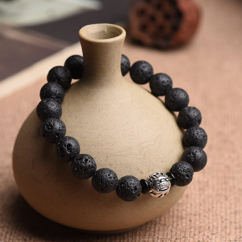 Bracelet de richesse PiXiu en cuivre blanc et perles de pierre de lave de Bouddha