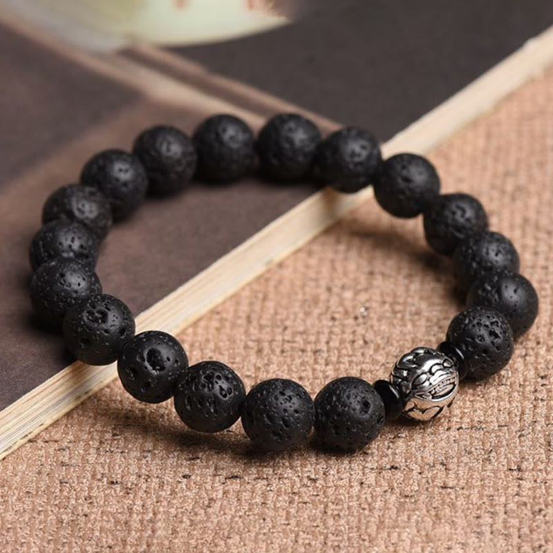 Bracelet de richesse PiXiu en cuivre blanc et perles de pierre de lave de Bouddha