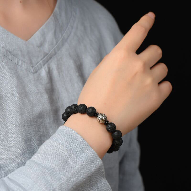 Bracelet de richesse PiXiu en cuivre blanc et perles de pierre de lave de Bouddha
