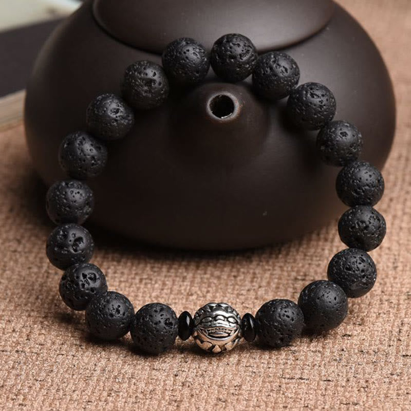 Bracelet de richesse PiXiu en cuivre blanc et perles de pierre de lave de Bouddha