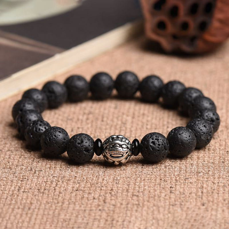 Bracelet de richesse PiXiu en cuivre blanc et perles de pierre de lave de Bouddha