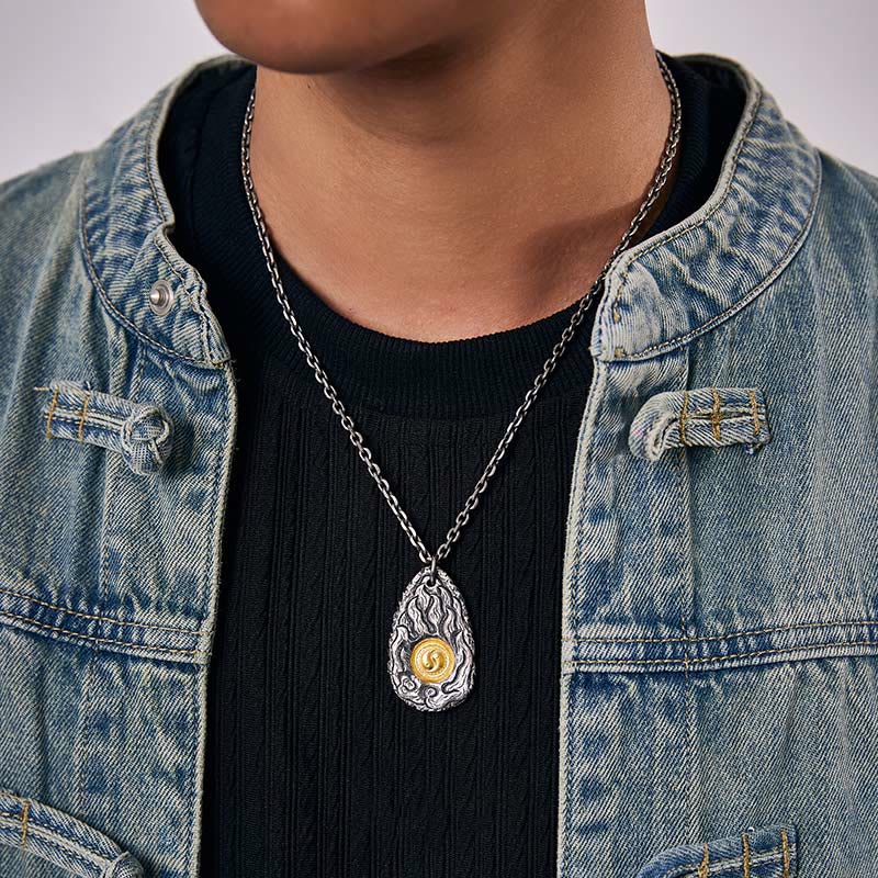 Collier pendentif Tai Chi Yin Yang en argent sterling 999 et or 999 avec pierres de Bouddha