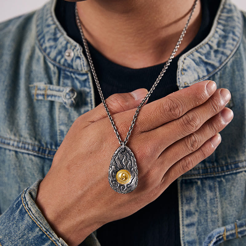 Collier pendentif Tai Chi Yin Yang en argent sterling 999 et or 999 avec pierres de Bouddha