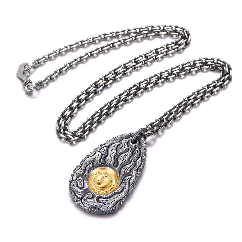 Collier pendentif Tai Chi Yin Yang en argent sterling 999 et or 999 avec pierres de Bouddha