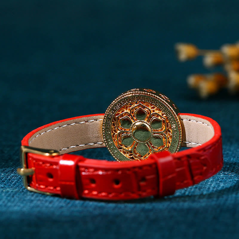 Buddha Stones Sechs wahre Worte Acht Schätze Kompass Jade 24 Karat vergoldet Glück Lederarmband