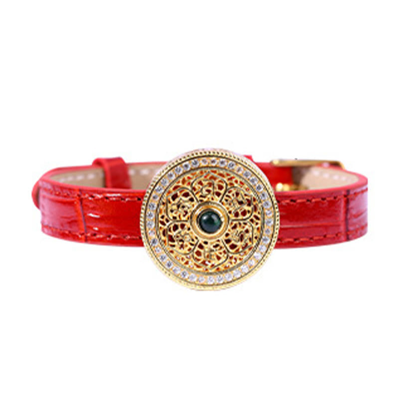 Buddha Stones Sechs wahre Worte Acht Schätze Kompass Jade 24 Karat vergoldet Glück Lederarmband