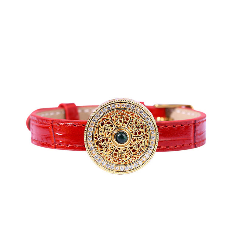 Buddha Stones Sechs wahre Worte Acht Schätze Kompass Jade 24 Karat vergoldet Glück Lederarmband