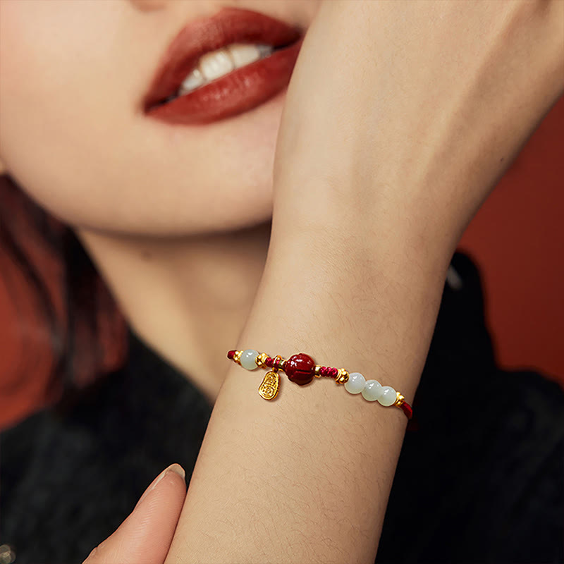 Buddha Stones Fu Charakter Jade Zinnober 24K vergoldet Glück rote Schnur Armband