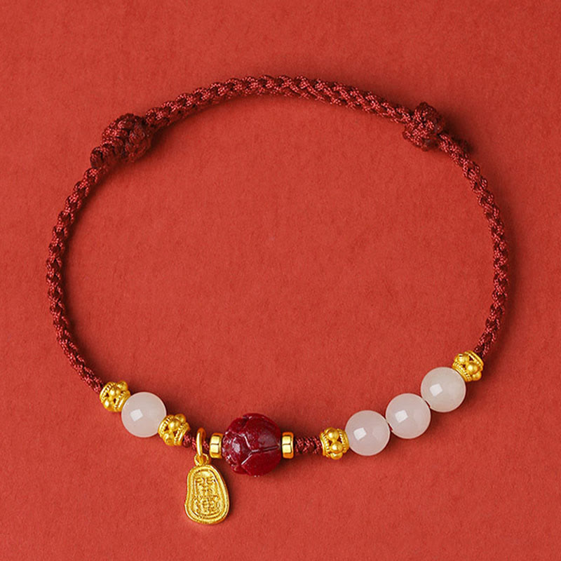 Buddha Stones Fu Charakter Jade Zinnober 24K vergoldet Glück rote Schnur Armband