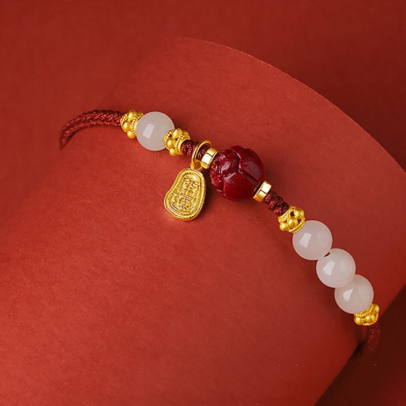 Buddha Stones Fu Charakter Jade Zinnober 24K vergoldet Glück rote Schnur Armband