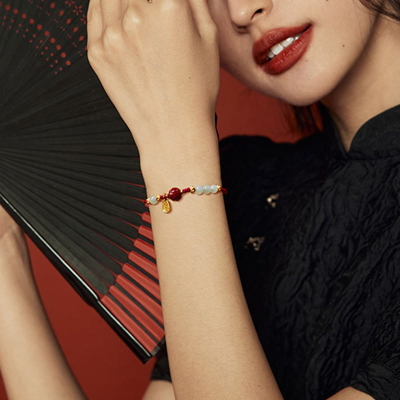 Buddha Stones Fu Charakter Jade Zinnober 24K vergoldet Glück rote Schnur Armband