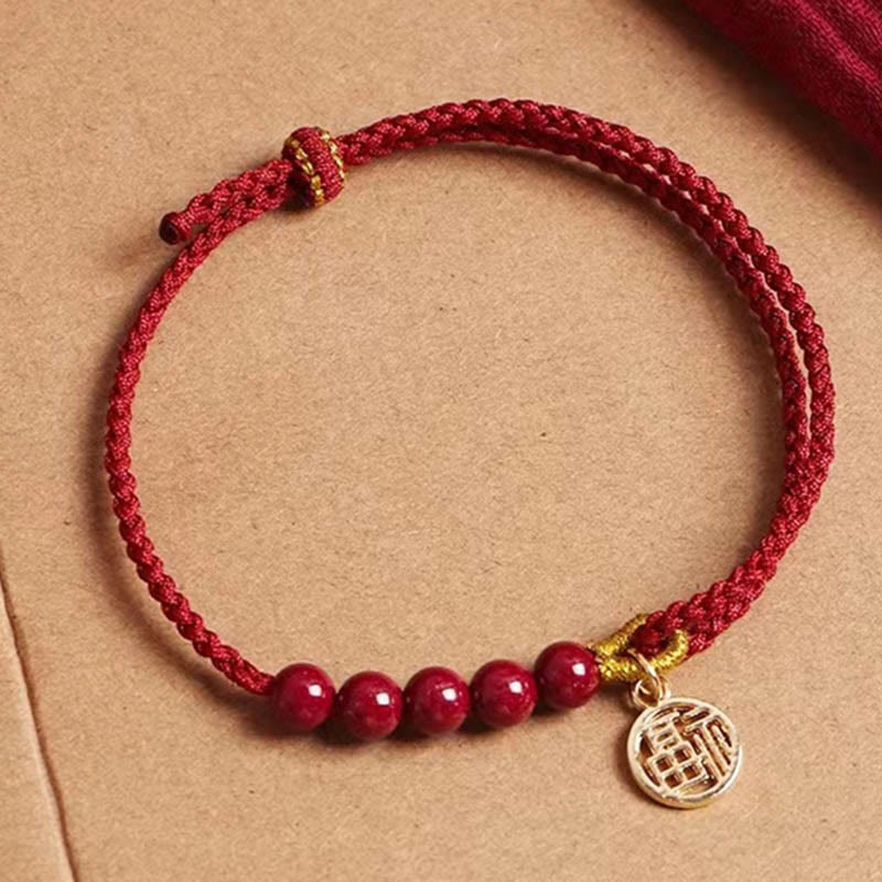 Bracelet tressé fait main en fil rouge avec perles de caractère Fu et pierres de Bouddha