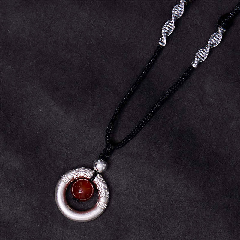 Collier avec pendentif en argent sterling 999 et agate rouge, pierre de Bouddha, boucle de paix et bénédiction