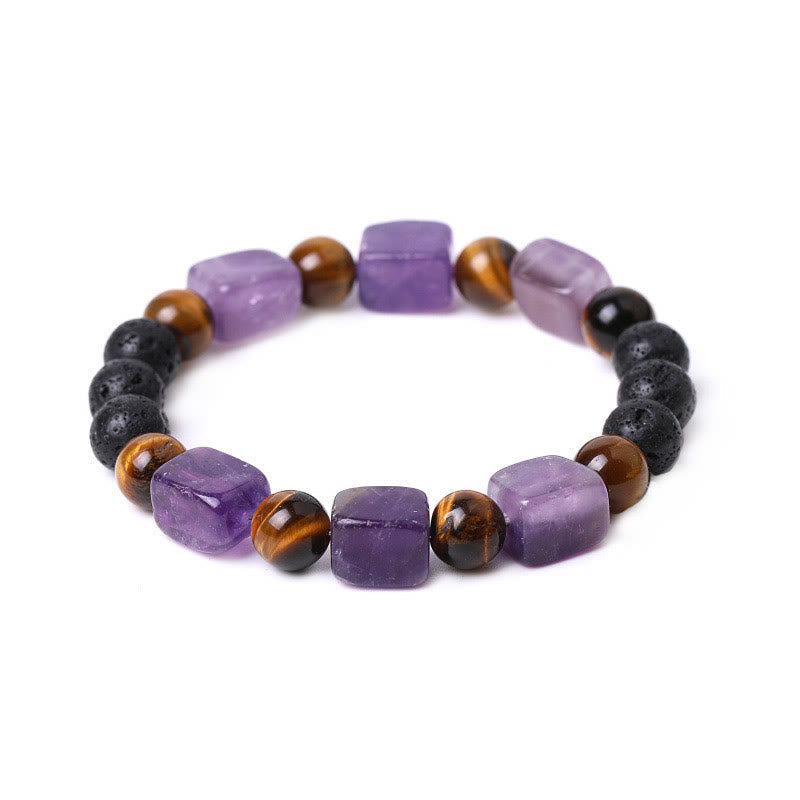 Bracelet de soutien en pierre de lave et améthyste cubique avec divers cristaux et pierres de Bouddha