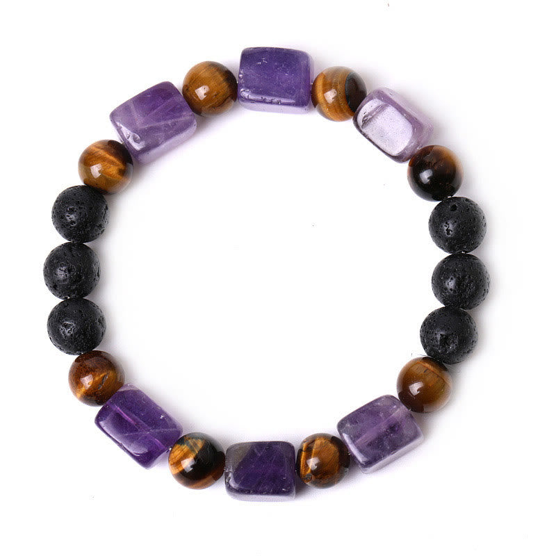 Bracelet de soutien en pierre de lave et améthyste cubique avec divers cristaux et pierres de Bouddha