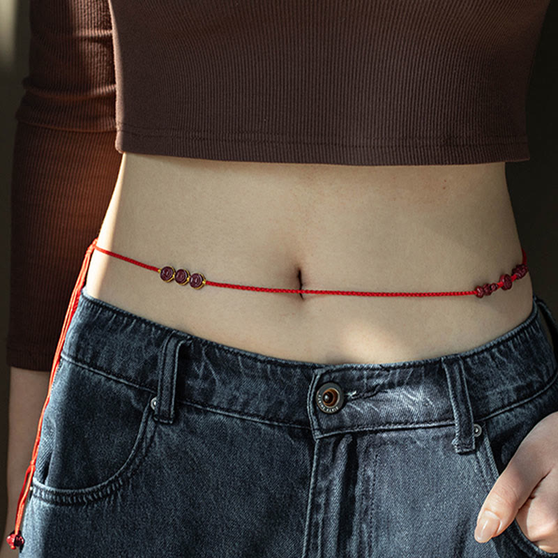 Buddha Stones Natural Cinnabar PiXiu Calm Blessing Red String Belly Chain
