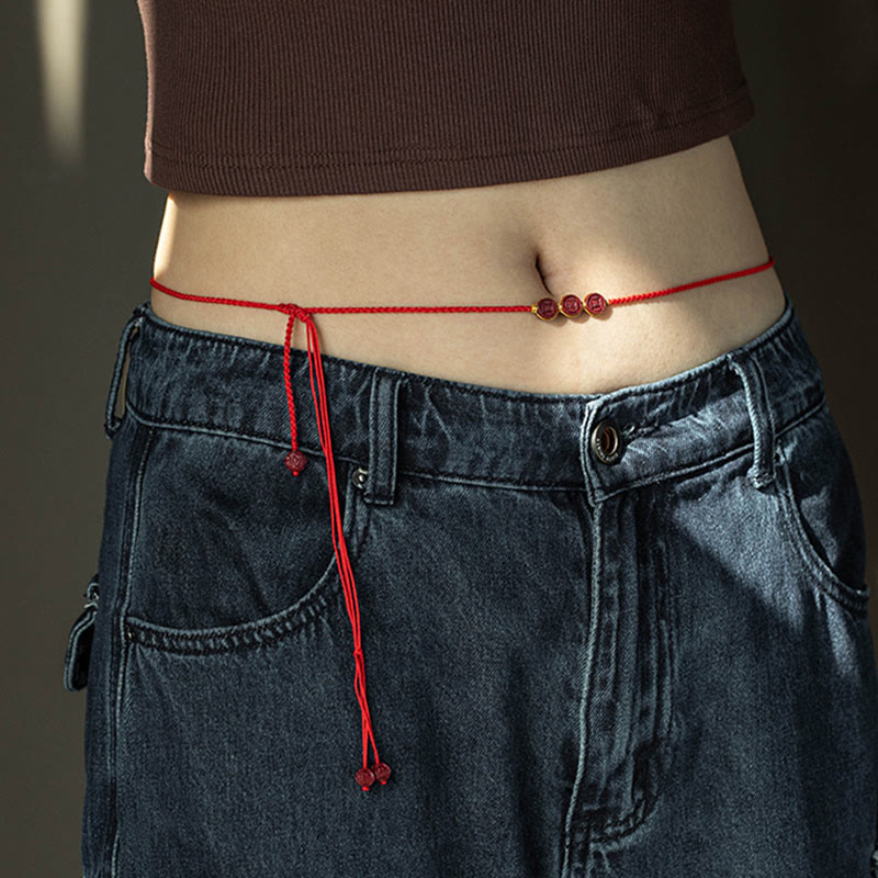 Buddha Stones Natural Cinnabar PiXiu Calm Blessing Red String Belly Chain
