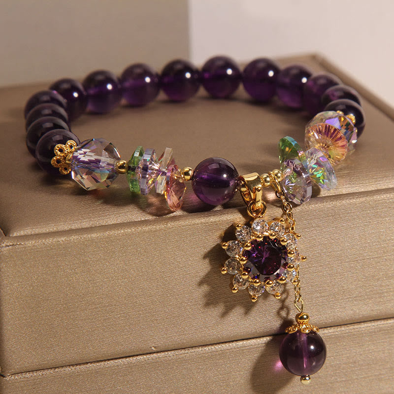 Buddha-Steine, Amethyst, grüner Kristall, Citrin, weißer Kristall, Sonnenblume, spirituelles Bewusstseinsarmband